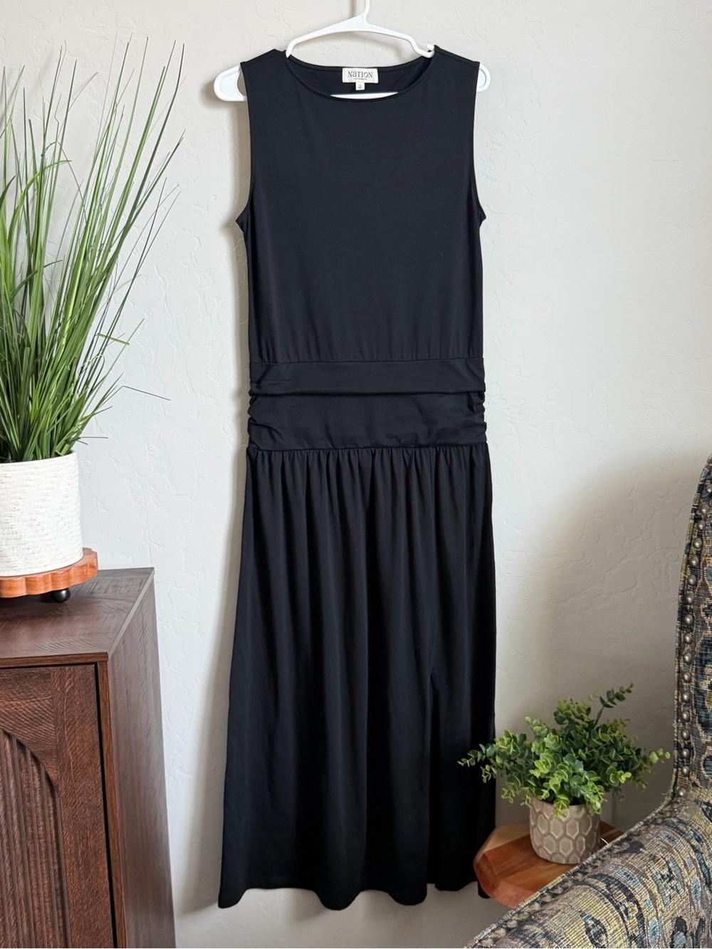 Nation LTD Cleo Midi Dress Black Pima Cotton Sleeveless Ruched Small NWOT